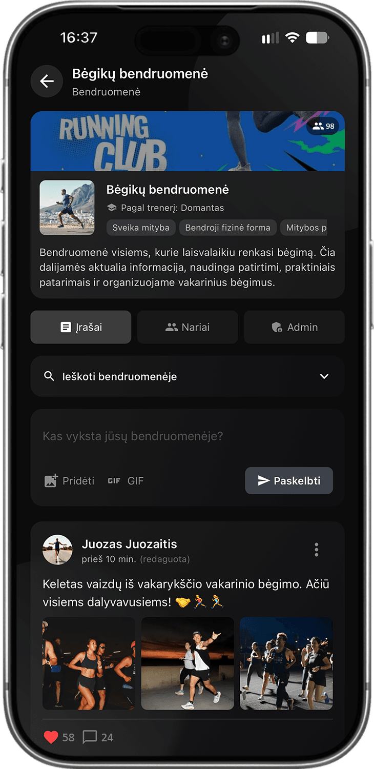 Sportstep trenerio bendruomenės ekranas
