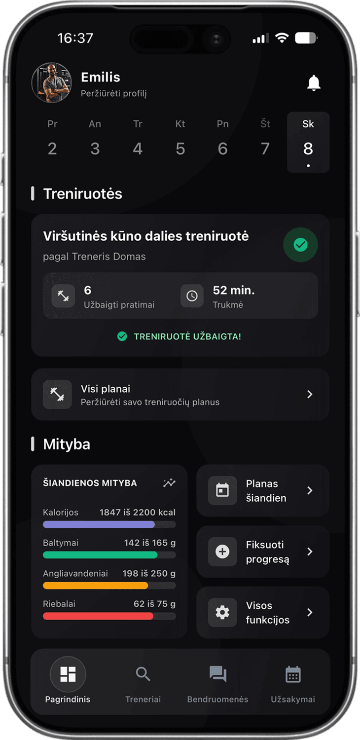 Sportstep programėlės ekranas – pagrindinis