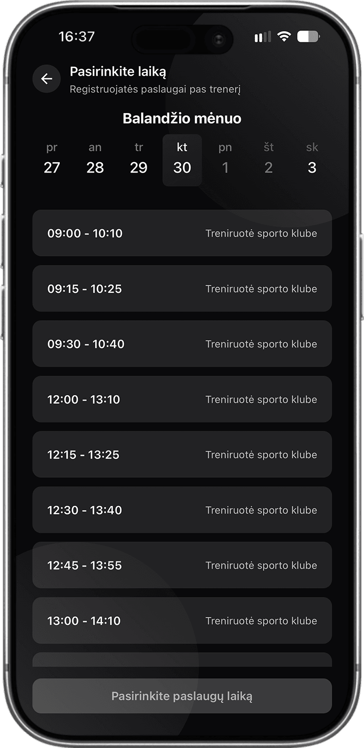 Sportstep programėlės ekranas – laiko ir paslaugos pasirinkimas